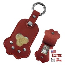Pet Memorial Keychain, Leather Paw Shape Fur Photo Holder, Handmade Red