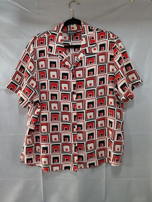 Notations Clothing Co Woman Geometric Print Button Down Shirt 1X Black Red SS