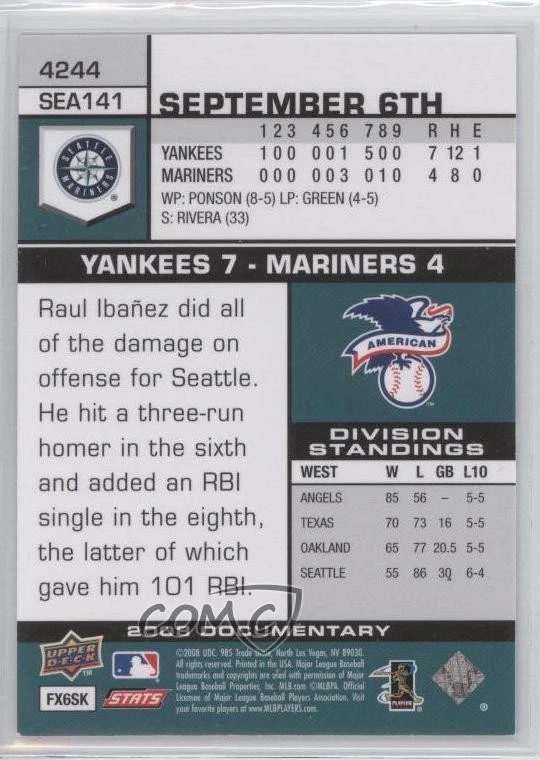 2008 Upper Deck Documentary Gold Raul Ibanez #4244 - Image 2 of 2
