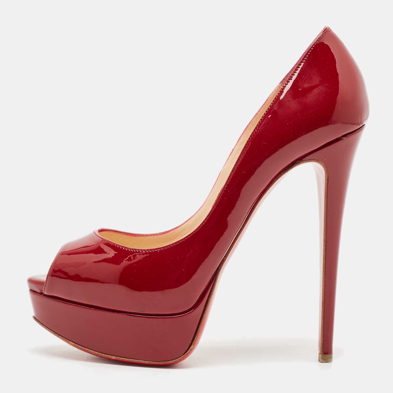 Christian Louboutin Burgundy Patent Leather Very Prive Peep Toe Pumps Size 37.5