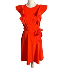 Calvin Klein Ruffle Fit Flare Dress Womens 4 Orange Belted Midi Sleeveless