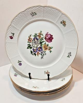 Vtg Tk Thun Europa Bouquet 10.25 Dinner Plates Set Of 5 Basketweave Rim Gold