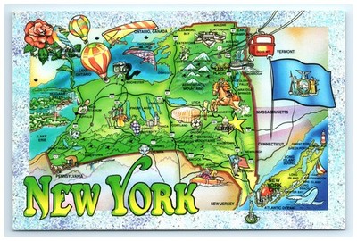 Postcard Map New York Points of Interest Rose Bluebird Hot Air Balloons Flag UNP