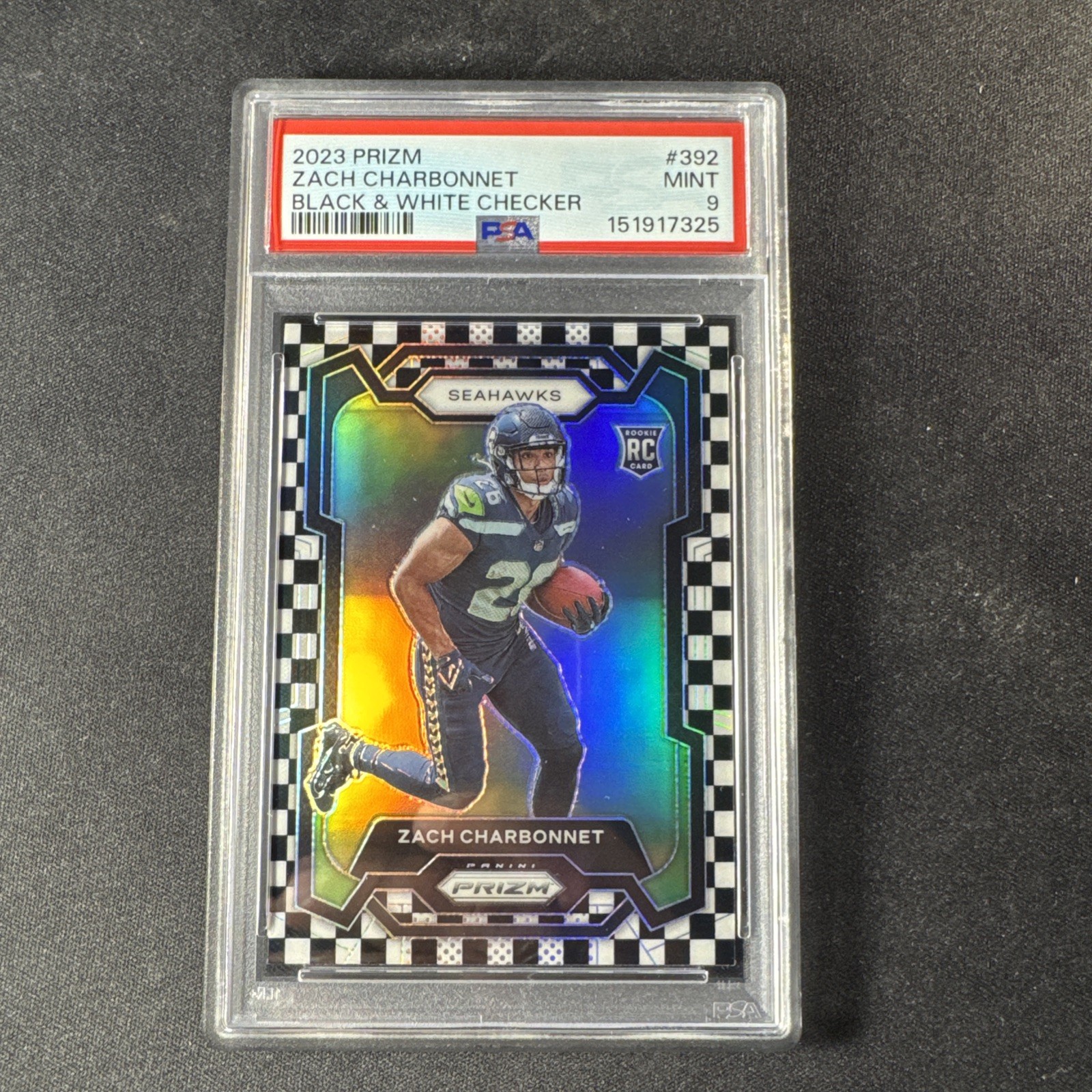 Zach Charbonnet 2023 Panini Prizm Black & White Checkerboard #392 SSP PSA 9