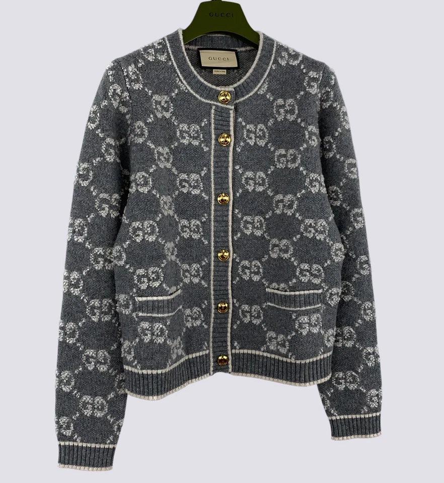 Gucci GG Monograma Lana Rizado Jacquard Cárdigan Suéter Gris Talla M Foto 4 de 4