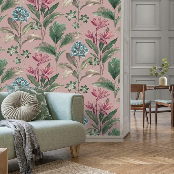 Oliana Florale PalmbläTter Und Exotische Blumen - Pink 8485 - Belgravia Tapete-image