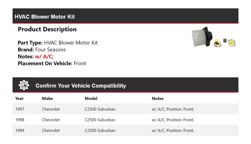 Kit de motor soplador delantero 4 estaciones para Chevrolet C2500 Suburban 1997-1999 HVAC Foto 2 de 3