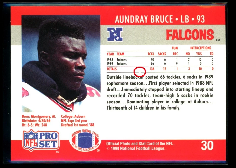 AUNDRAY BRUCE 1990 Pro Set #30 ERROR gap in line under stat totals C1 - Image 2 of 2