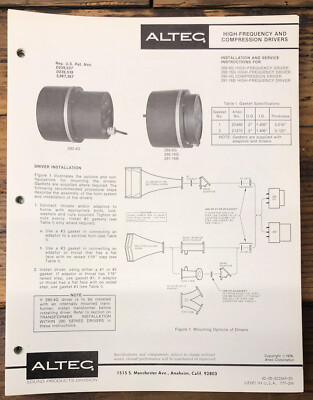 Altec HF Compression Drivers 288-8G -16G 290-4G Service Manual