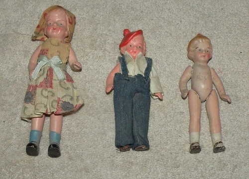 3 Vintage Bisque Porcelain Jointed Little Girl Boy Dolls Occupied Japan 5-6 Inch