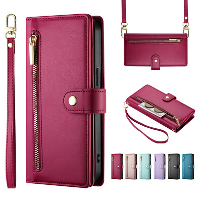 For Samsung Galaxy A15 A35 A55 Retro PU Leather Zipper Wallet Case with Strap