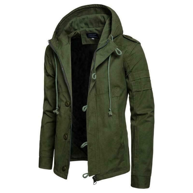 Mens Hooded Jacket Military Tactical Hunting Outdoor Cotton Trench Coat  Outwear