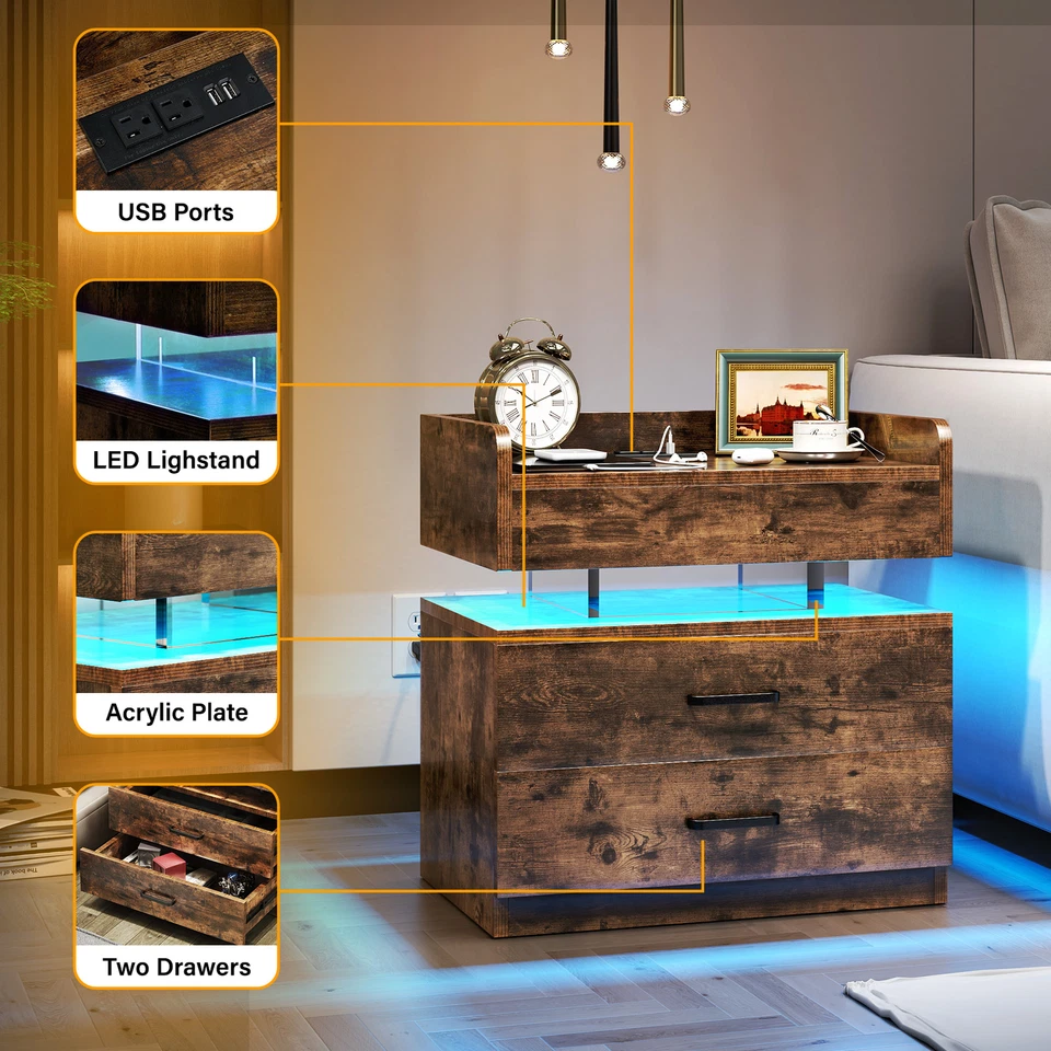 TC-HOMENY RGB LED Mesita de Noche con Estación de Carga Mesa Lateral Mesita de Noche Foto 4 de 4