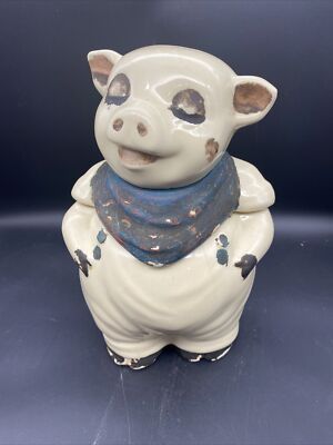 Vintage Shawnee Smiley Pig Cookie Jar Blue Scarf Eyes Open Brown