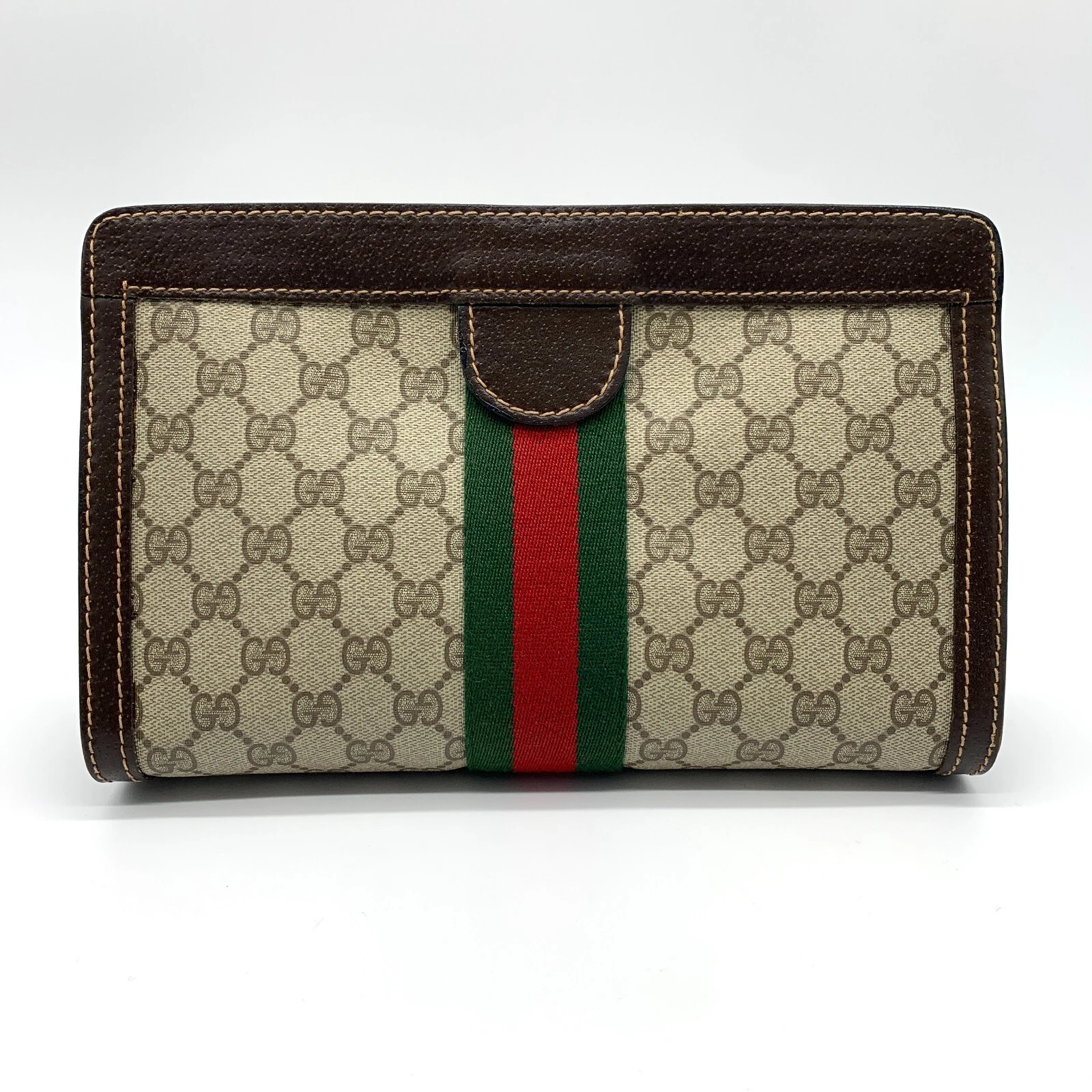 Authentique sac pochette vintage Gucci GG monogramme toile rayures cuir marron Italie