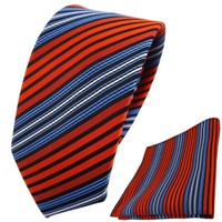 Schmale Tigertie Krawatte + Einstecktuch Orange Blau Schwarz Silber Gestreift