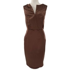 Ellen Tracy Brown Satin V Neck Sleeveless Sheath Knee Length Dress Size 6