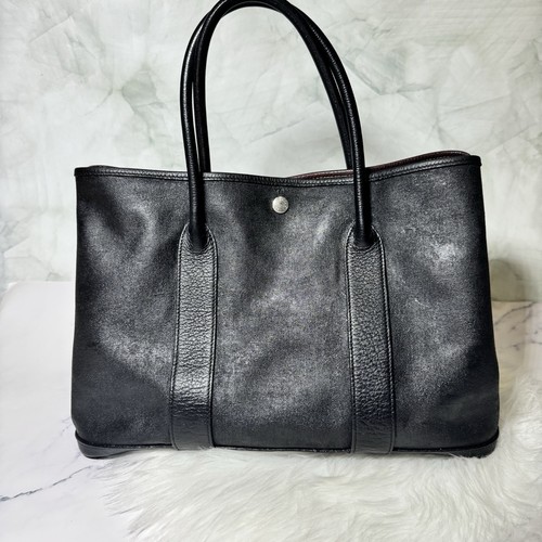 Hermes Garden Party Tote canvas leather 36 Black Amazonia repair top handle