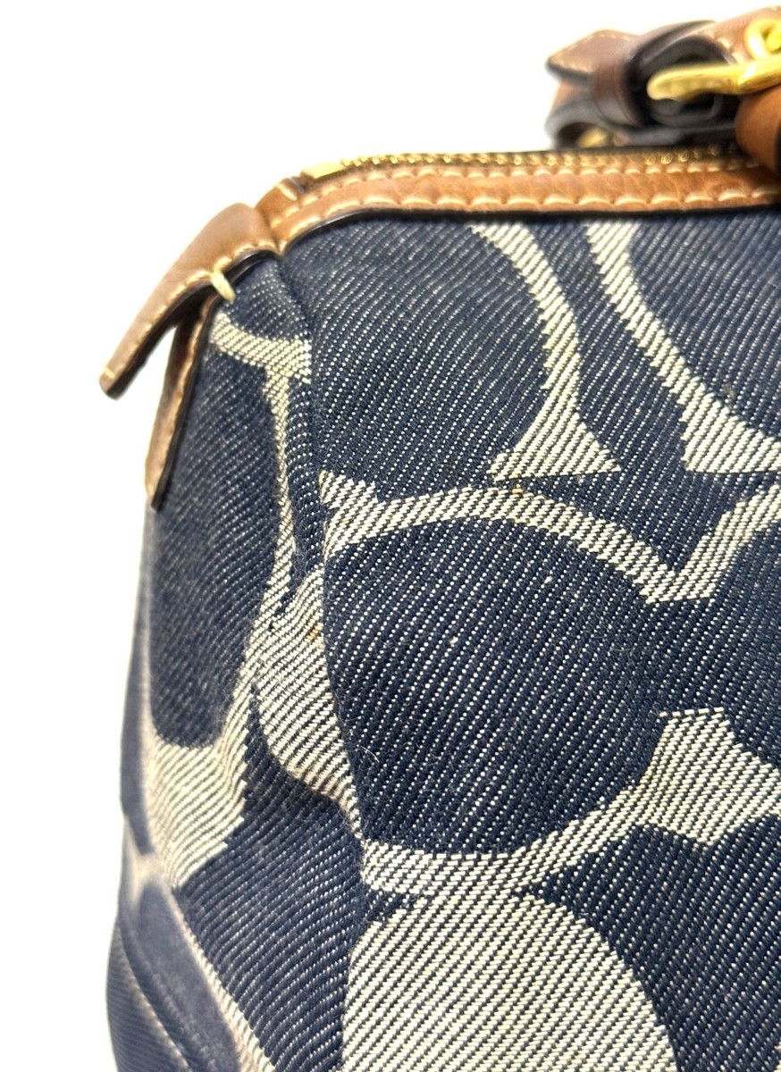 NICE Coach Signature Striped Blue Denim Medium Zip Satchel Tote