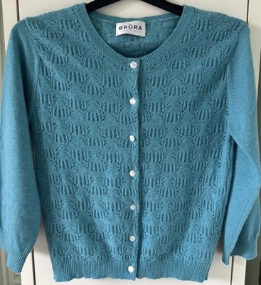 Brora lace knit cropped cashmere cardigan size 8 Turquoise Blue