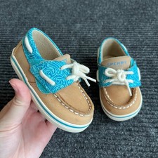 Sperry Intrepid Crib Jr Boat Shoes Infant 4M Tan Blue Leather Wave Pattern