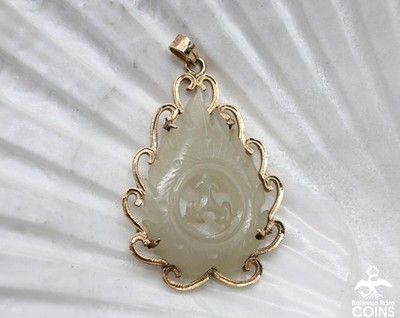 14k Yellow Gold Green Jade Fiery Spear Head Pendant