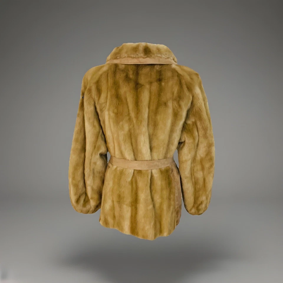 VTG 60s Womens Faux Fur Coat Size M England Belted Suede Panels Mob Wife Style - Image 4 of 4