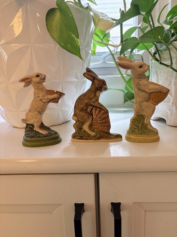 Three Vaillancourt Handcrafted Hand-Painted Chalkware Rabbit Figurines