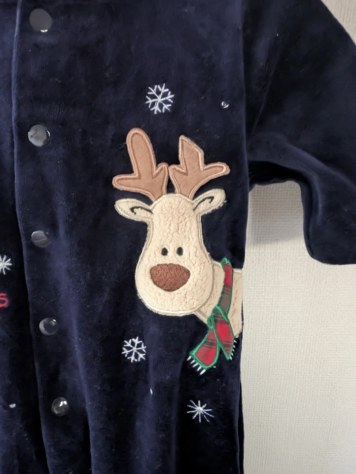 Mameluco Vintage Bebé Primera Navidad 0-3 Meses Terciopelo Azul Con Capucha Reno Foto 2 de 4