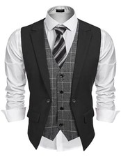 Men's Layered Suit Vest Business Dress Vests Formal Wedding Large Black Plaid