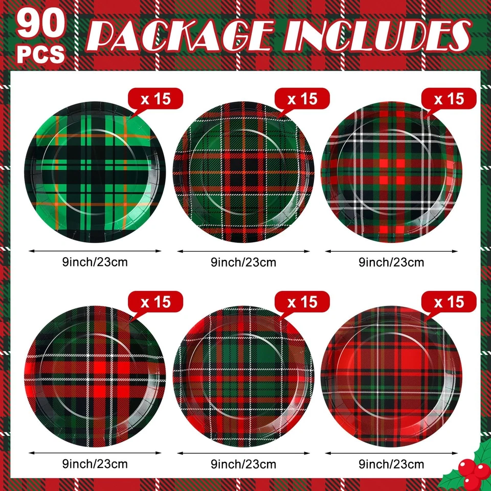 90 Pcs Christmas Plaid Plates 9 Inch Red and Green Black Xmas Paper Plates fo... - Image 2 of 4