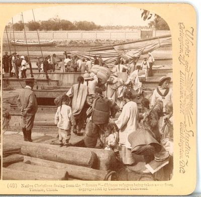 CHINA, Native Christians Fleeing The Boxers & Tientsin-Underwood Stereoview L103