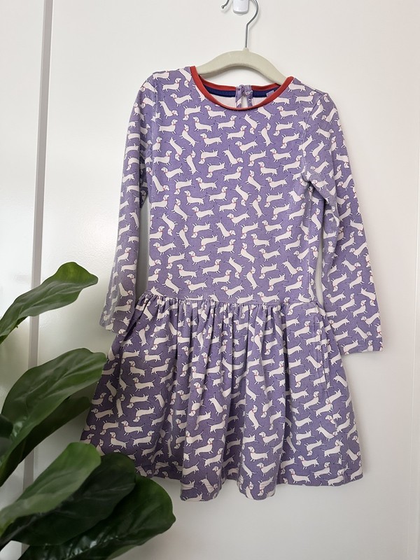 Mini Boden Girls T-Shirt Dress long sleeves purple white dog Graphic 5-6 Years