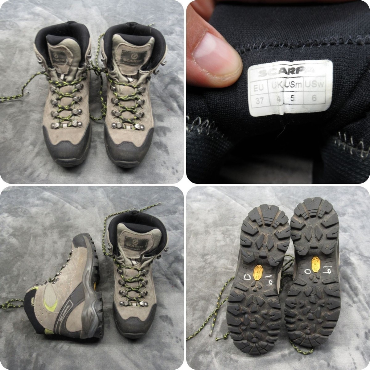 Scarpa Kailash Boots Unisex Mens 5 Womens 6 Black Green Gore-Tex