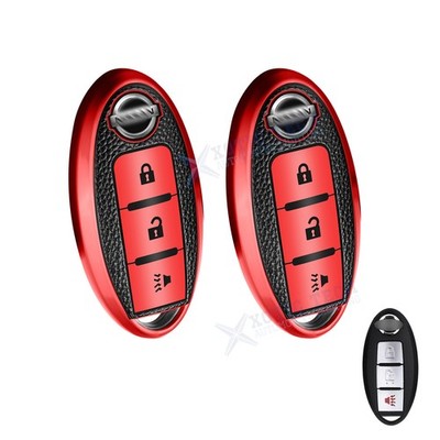 2Pcs Red TPU+Leather Keyless Key Holder Shell Full Seal For Nissan Murano Rogue