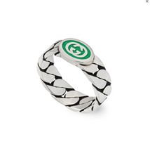 GUCCI Silver Interlocking G Green Enamel Ring