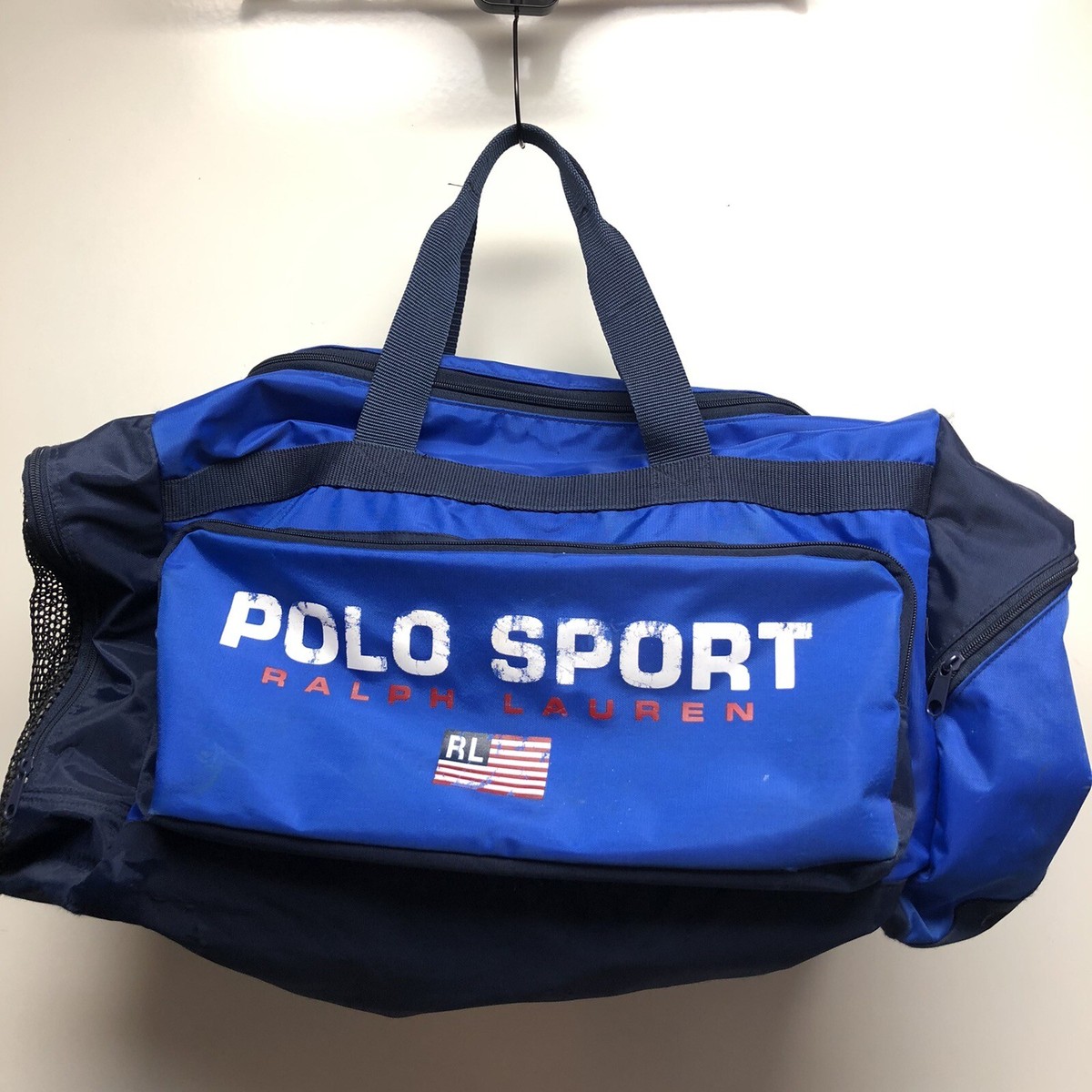 Vintage 90s Polo Sport Ralph Lauren Duffle Bag Straps Blue Gym Flag Logo  Travel