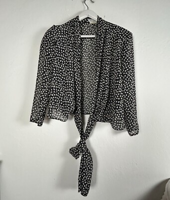 Vintage Jaeger Black White Floral Print Tie-Front Blouse Top Lightweight Casual