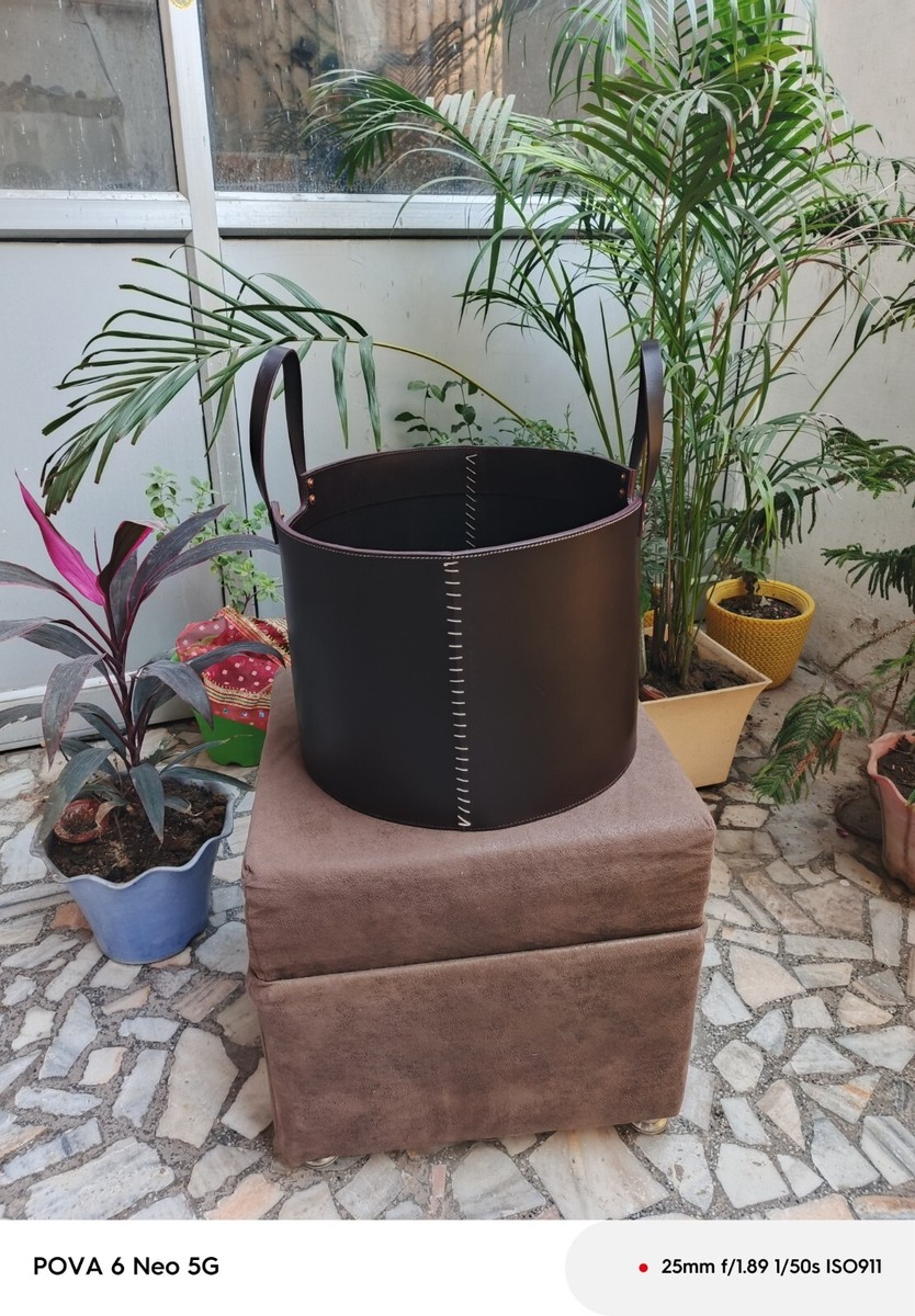 Corbeille Ronde En Cuir Véritable - Poubelle De Bureau Ou De Maison, Style Art Déco, Marron
