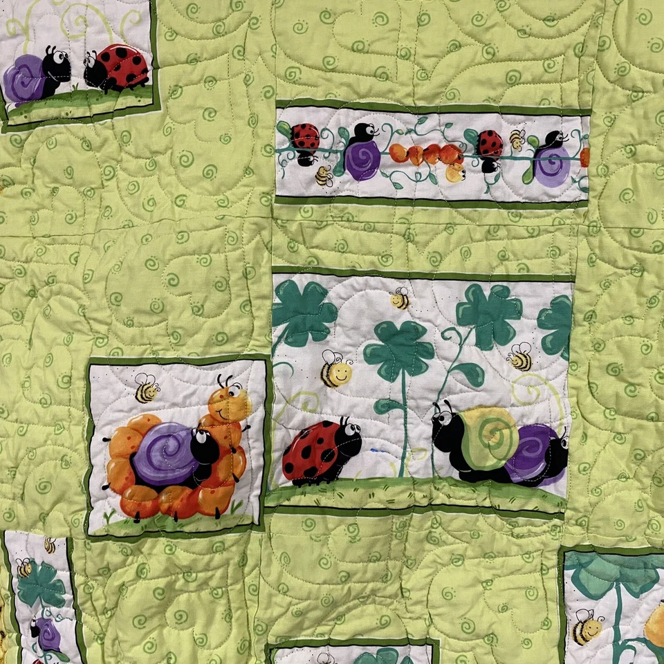 Vintage Handmade Baby Blanket Quilt Ladybugs Bees Caterpillars Snails Theme - Image 3 of 4