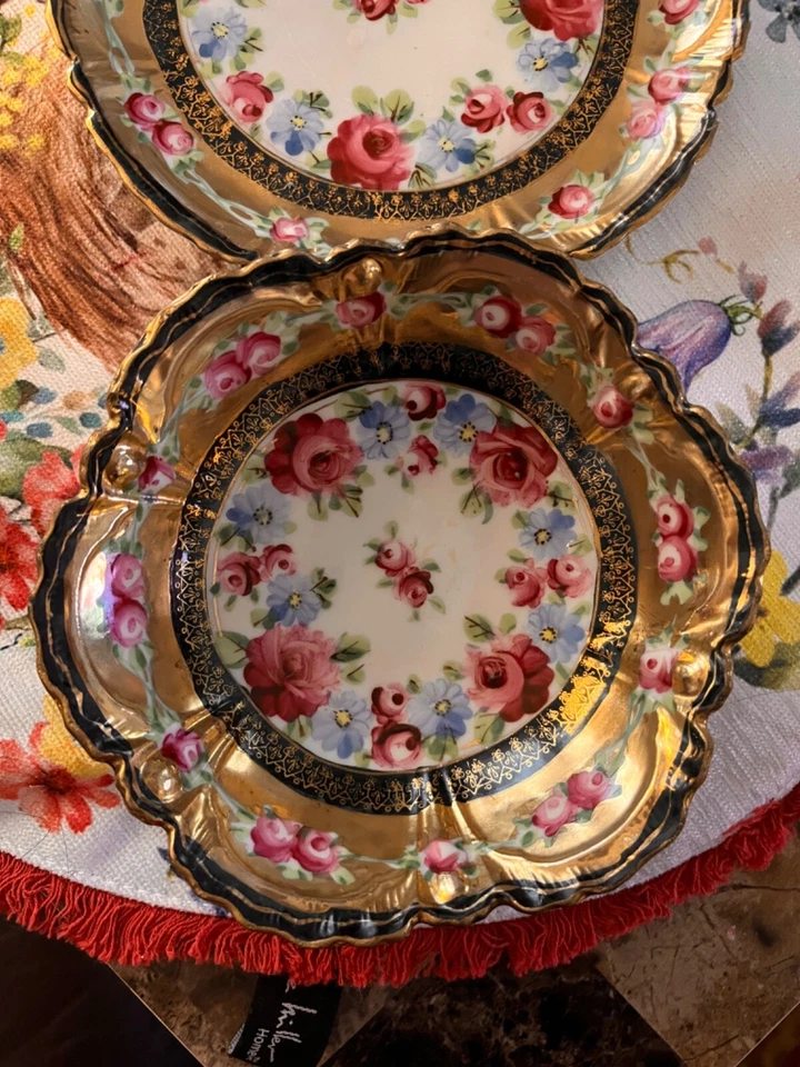 Antique Nippon Hand Painted Display Bowl Gold Trim Pink Flowers Roses over gold - Image 3 of 4