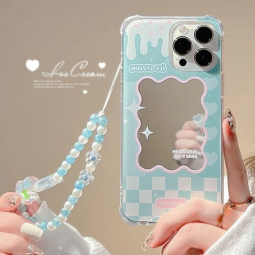 Lovely Cover W/Strap for iphone 11 12 13 Pro Max X Girls Cute Mirror Phone Case - Picture 1 of 12
