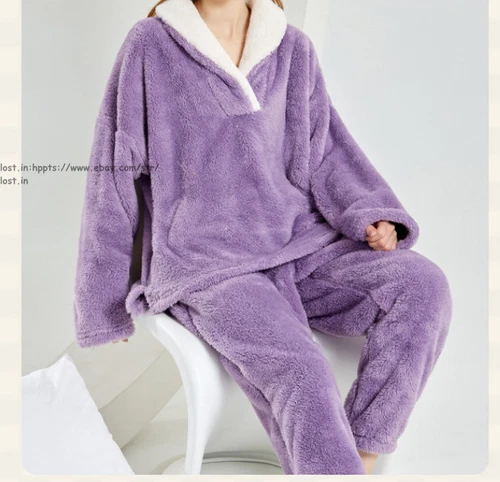 Neu Damen Flauschig Pyjama Set Weich Bequem Fleece Nachtwäsche Winter Flauschig Loungewear - Bild 15 von 28