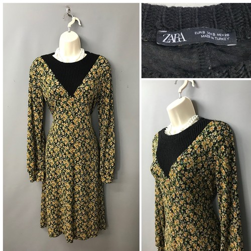 Zara Black Floral Classic Retro Tea Dress Size Small … Gem