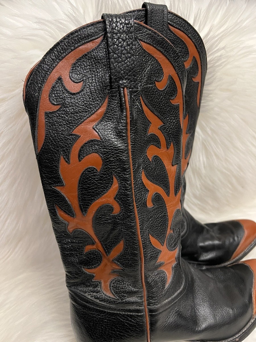 Vintage Tony Lama Cowboy Boots Red & Black Leather Size 7.5
