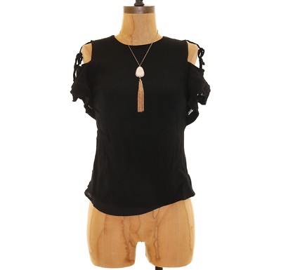 Rebecca Taylor Cold Shoulder Top Size 0 Black Lattisen Stitch EUC B49