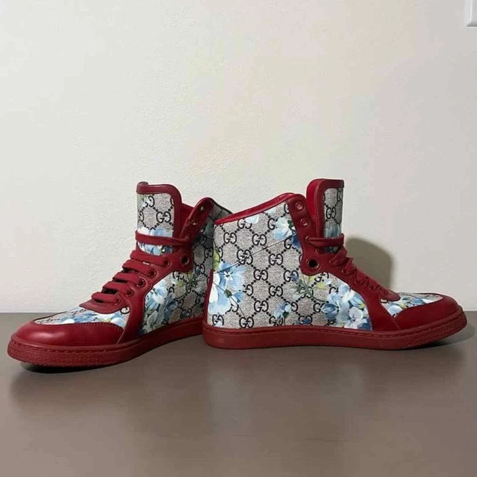 Zapatillas altas Gucci Coda Bloom rojas azules florales GG Supreme Logo Foto 2 de 4