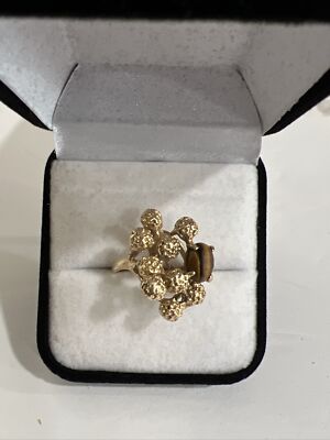 Estate 14kT Yellow Solid Gold Ring Tiger Eye Flowers Custom Made Size 5 RARE NEW