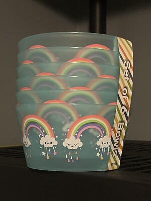 Rainbow Bowls Fun Happy Clouds Faces Rain Stars Set of 6 BPA Free