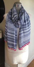 Striped Scarf Blue White Pink Pompoms 21 X 72 NWOT